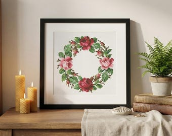 Schema per punto croce con ghirlanda floreale, ricamo botanico con rose (download PDF)