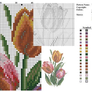 Op de afbeelding: Een kruissteekpatroon voor een tulpenontwerp. Het patroon bevat een kleurenkaart met symbolen en DMC-garennummers. De afbeelding toont een voltooide kruissteek van tulpen in tinten oranje, roze en groen.
