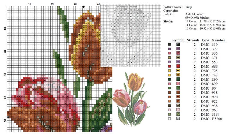 Op de afbeelding: Een kruissteekpatroon voor een tulpenontwerp. Het patroon bevat een kleurenkaart met symbolen en DMC-garennummers. De afbeelding toont een voltooide kruissteek van tulpen in tinten oranje, roze en groen.