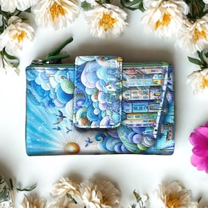 Cute Magic Clouds Wallet RFID Blocking - Handmade Bifold Zip Purse - Unique Gift for Her