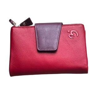 Cute Minimalist Wallet - Red Leather Wallet Woman – Compact Premium Leather Purse with Purple Tab, Colorful Interior