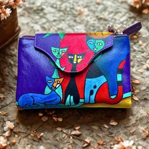 Lindo diseño de gatos pintados a mano con protección RFID - 10 ranuras para tarjetas - Único y seguro / Monedero para mujer / Regalo para amantes de los gatos