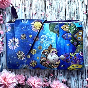 Bonita cartera floral con bloqueo RFID - Monedero plegable con cremallera hecho a mano - Regalo único para ella