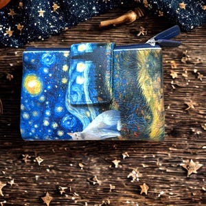 Handmade Starry Night Black Cat Leather Wallet | Artisan-Printed Premium Leather | Gift for Cat Lovers | RFID Wallet | Leather Wallet Ladies