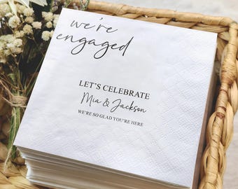 We're Engaged Napkin, Personalized Engagement Party Supplies, Custom Couple Names Bridal Shower Decor, Let's Celebrate Wedding Napkins