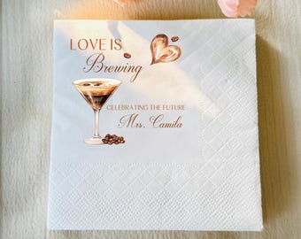 Custom Love Is Brewing Napkins, Personalized Bridal Shower Napkins, Coffee Themed Bridal Shower Decor, Custom Bridal Shower Cocktail Napkins