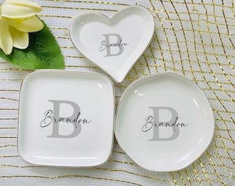 Custom Name Ceramic Trinket Tray, Elegant Keepsake Holder, Personalized (Round/Heart/Square) Ring Dish, Custom Name Jewelry Tray