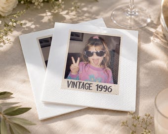 Custom Vintage Photo Birthday Napkins, Personalized Vintage 1996 Cocktail Napkins, Retro Photo Party Decor, Custom Birthday Napkins