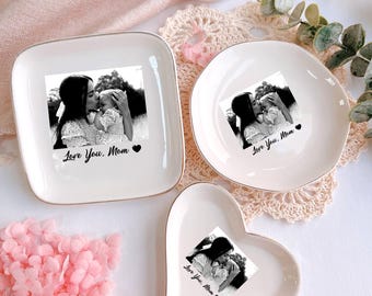 Personalized Mom Photo Jewelry Dish, Ceramic Trinket Tray Gift for Mom, Birthday Ring Dish Gift, Personalized Keepsake (Round/Heart/Square)