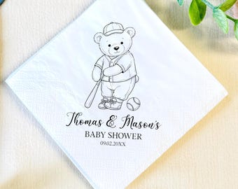 Personalized Baby Shower Party Napkins, Teddy Bear Baseball Napkins Decor, Cocktail Party Napkins, Gender Neutral Baby Shower Party Decor