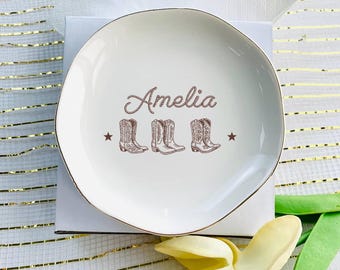 Personalized Cowgirl Ring Dish, Custom Western Jewelry Tray, Cowboy Boot Trinket Dish, Country Girl Gift for Her