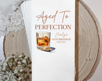 Aged To Perfection Whisky Glass Birthday Party Napkins, Bar Napkins For Birthday Party, Personalized Milestone Party Napkins, Party Decor