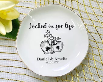Locked in for Life Custom Names Date Ring Dish, Personalized Wedding Jewelry Dish, New Engaged Couple Gift, Custom (Round/Heart/Square)
