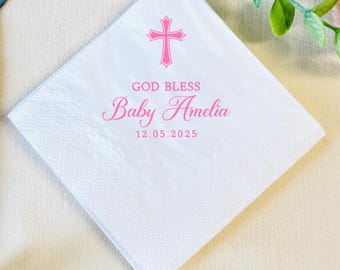 Personalized Baptism Napkins, Custom Cocktail Beverage Paper Party Decor, God Bless Cross Religious Napkins, Custom Christening Decors