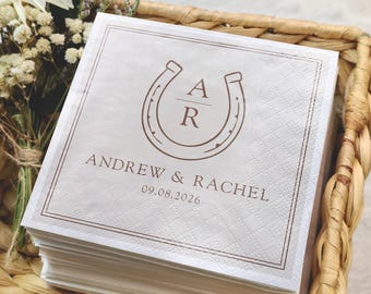 Personalized Horseshoe Wedding Napkins, Custom Cocktail Napkins, Rustic Western Wedding Decor, Bridal Shower Party Napkins