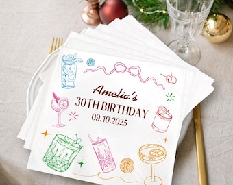 Servilletas personalizadas para 30 cumpleaños, servilletas personalizadas para fiestas de cumpleaños, decoración para celebraciones de cumpleaños, servilletas con temática de cóctel, servilletas para eventos especiales