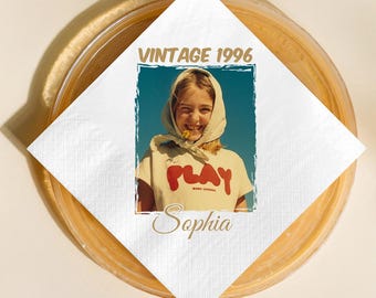 Servilletas de cumpleaños vintage de 1996, servilletas de fiesta con foto personalizada, servilletas de celebración personalizadas, decoración de cumpleaños, servilletas de aniversario.