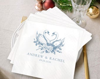 Personalized Wedding Napkins, Custom Swan Cocktail Napkins, Elegant Floral Wedding Reception Decor, Bridal Shower Napkins