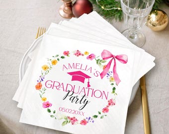 Floral Widflower Pink Bow Graduation Party Napkins, Personalized Graduation Napkins Class of 2026 Grad Party, Grad Party Cocktail Napkins