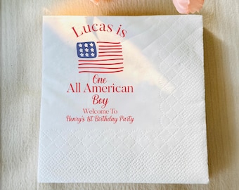 Custom All American Birthday Napkins, Patriotic First Birthday Party Napkins Decor, 4th of July Birthday Napkins, Napkins For Party Decor
