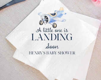 Airplane Baby Shower Party Napkins, A Little One is Landing Soon Baby Theme Baby Sprinkle, Custom Plane Theme Baby Shower Party Napkins