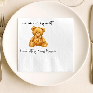 Teddy Bear Baby Shower Napkins, We can Bearly Wait Napkins Decor, Brown Bow Shower Napkins, Custom Cocktail, Luncheon or Dinner Napkins