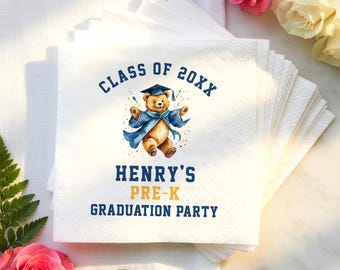 Pre-K Graduation Cute Teddy Party Napkins, Personalized Graduation Napkins Class of 2026 Grad Party, Graduation Party Cocktail Napkins