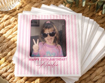 Custom Photo 25th Birthday Napkins, Personalized Birthday Cocktail Napkins, Pink Retro Stripe Party Napkins, Custom Birthday Decor