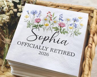 Personalized Wildflower Retirement Napkins, Officially Retired Party Napkins, Retirement Decor Gift, Retired Gifts, Retirement Party Napkins