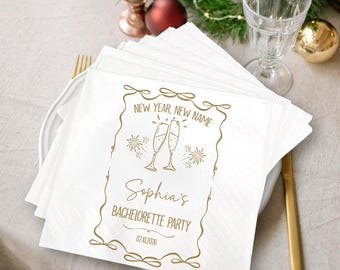 New Year New Name Bachelorette Party Napkins, Personalized Bridal Shower Napkin, Champagne Toast Engagement Party Decor, Napkin Decor