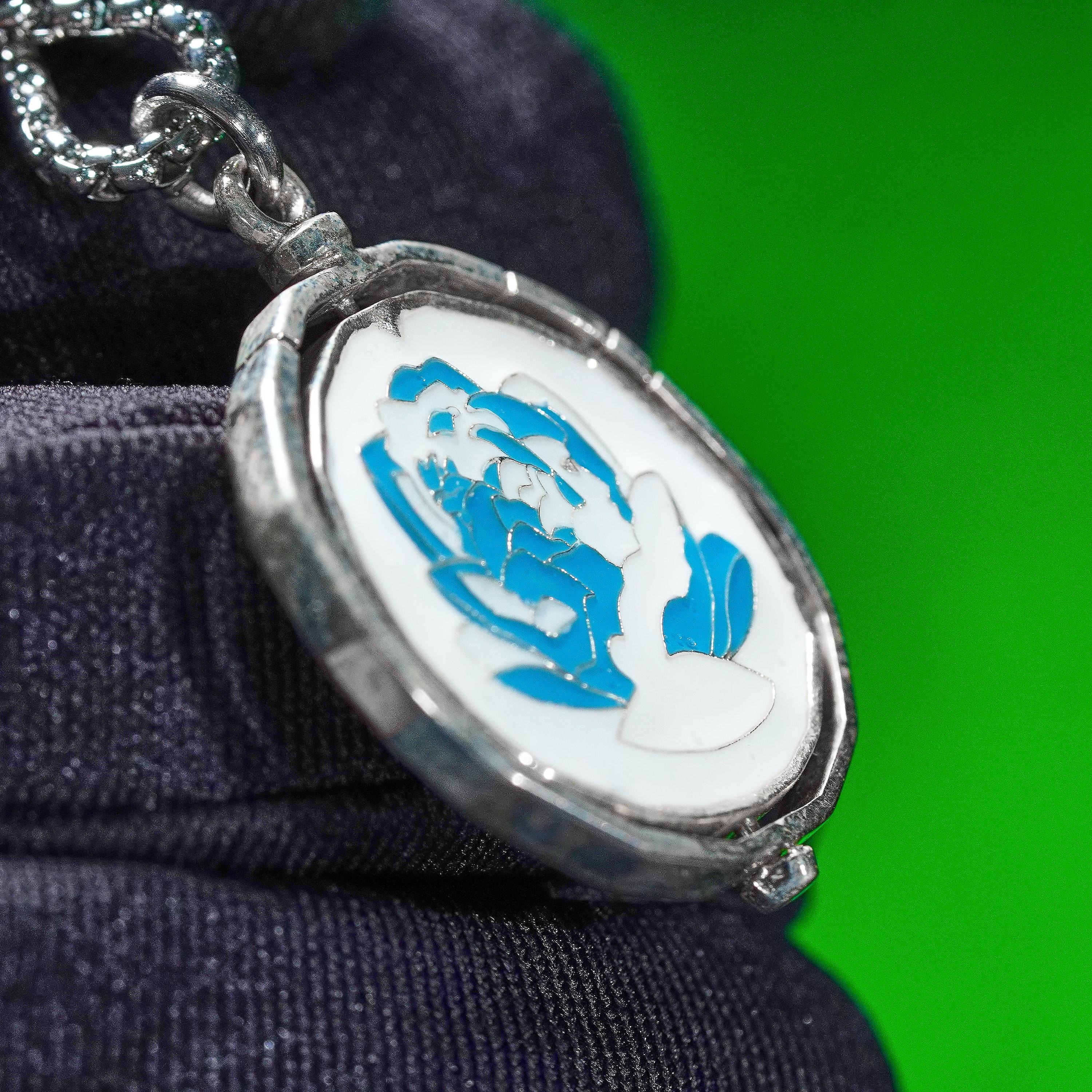 PREMIUM Blue Rose Pendant – Handmade 950 Silver Steampunk-inspired