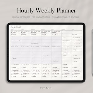 May include: A black tablet showing a weekly planner with hourly schedules. The text "Hourly Weekly Planner" is at the top, with "DIGITAL DOWNLOAD" below. A white stylus is beside the tablet. The planner is designed for iPad and Android.