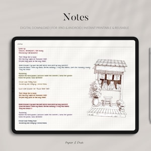 May include: A digital download for iPad and Android featuring a handwritten notes page with a sketch of a small shop. The word "Notes" is at the top. A white stylus is on the right.
