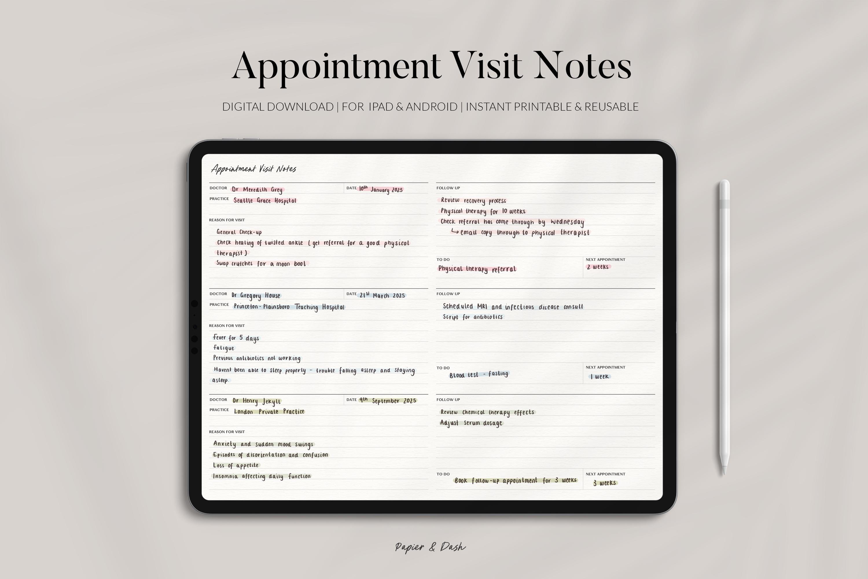 Appointment Visit Notes • Doctor Visits Log • Medical Appointment ...