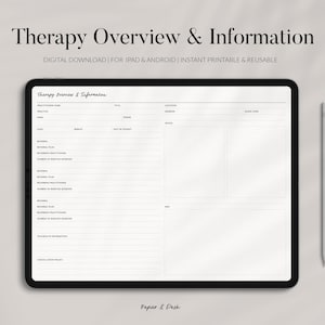 May include: A black tablet displaying a digital download titled "Therapy Overview & Information". A white stylus is positioned to the right of the tablet. The text on the tablet is in black and white, with the words "DIGITAL DOWNLOAD" and "INSTANT PRINTABLE & REUSABLE".