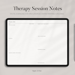 Könnte beinhalten: Ein schwarzes Tablet zeigt eine digitale Vorlage für Therapiesitzungsnotizen. Die Vorlage enthält Abschnitte für Datum, besprochene Hauptthemen und eine To-Do-Liste. Ein weißer Stift liegt neben dem Tablet. Der Text "Therapy Session Notes" steht oben.