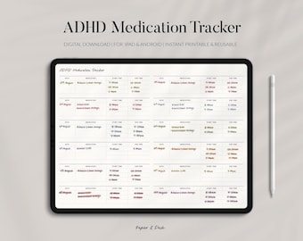 May include: A digital ADHD medication tracker displayed on a black tablet. The screen shows a grid layout for tracking medication times and dosages. A white stylus rests beside the tablet. Text at the top reads "ADHD Medication Tracker".