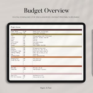 May include: A digital budget overview displayed on a black tablet, with a white stylus resting beside it. The tablet screen shows a detailed financial planning template with various categories and amounts. Text at the top reads "Budget Overview".