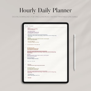 Peut inclure: Une tablette noire affiche un planificateur quotidien horaire numérique. L'écran présente un emploi du temps avec des notes manuscrites de différentes couleurs. Un stylet blanc est posé à côté de la tablette sur une surface gris clair. Le texte "Hourly Daily Planner" est en haut.
