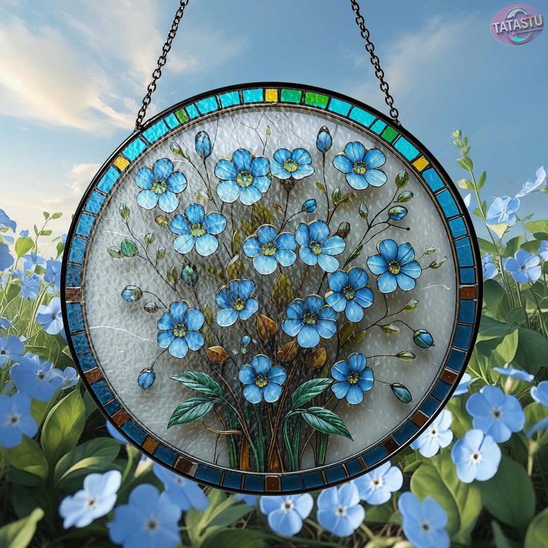 Forget Me Not Flower Stained Glass Suncatcher, Botanical Window Hanging ...