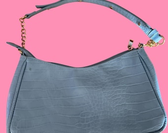 Y2K Shoulder Bag – Croc Embossed Blue Mini Bag – 2000s Pink Punk Vintage