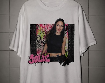 Angelina Jolie T-shirt, Bubblegum Pink Punk Graffiti Shirt, Y2K Celebrity Graphic Tee