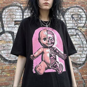 Half-Skeleton Baby Doll Y2K Scene Shirt, Bubblegum Pink Creepy Cute Graphic Tee