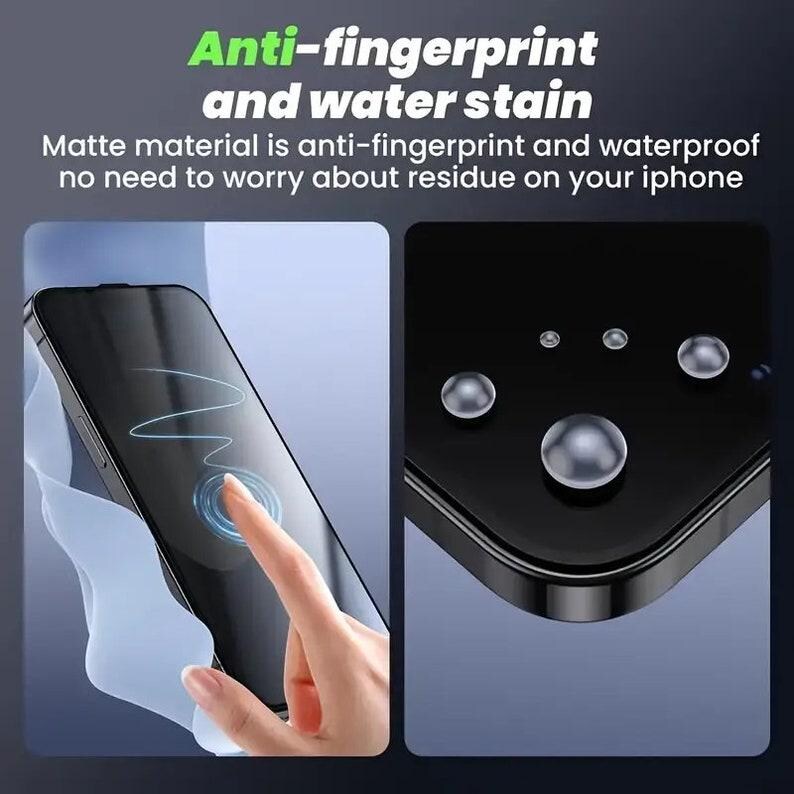 May include: A close-up of a black smartphone screen protector with a matte finish. The protector is designed to be anti-fingerprint and waterproof. Water droplets are shown on the screen protector.