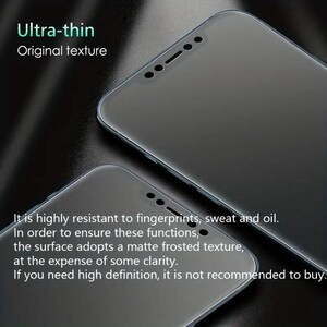May include: Two clear phone screen protectors with a matte finish. The text "Ultra-thin Original texture" is at the top of the image. The text below reads: "It is highly resistant to fingerprints, sweat and oil. In order to ensure these functions, the surface adopts a matte frosted texture, at the expense of some clarity. If you need high definition, it is not recommended to buy."