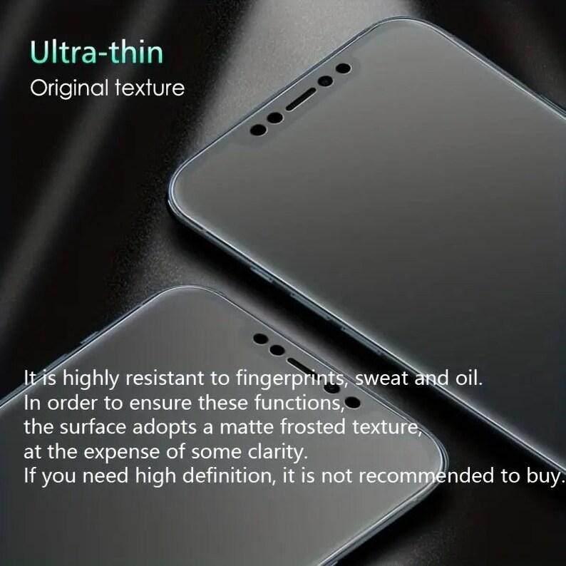 May include: Two clear phone screen protectors with a matte finish. The text "Ultra-thin Original texture" is at the top of the image. The text below reads: "It is highly resistant to fingerprints, sweat and oil. In order to ensure these functions, the surface adopts a matte frosted texture, at the expense of some clarity. If you need high definition, it is not recommended to buy."