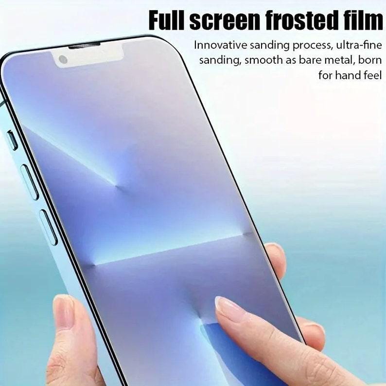 May include: A frosted phone screen protector is being applied to a smartphone. The screen protector is designed to provide a smooth, glass-like feel.