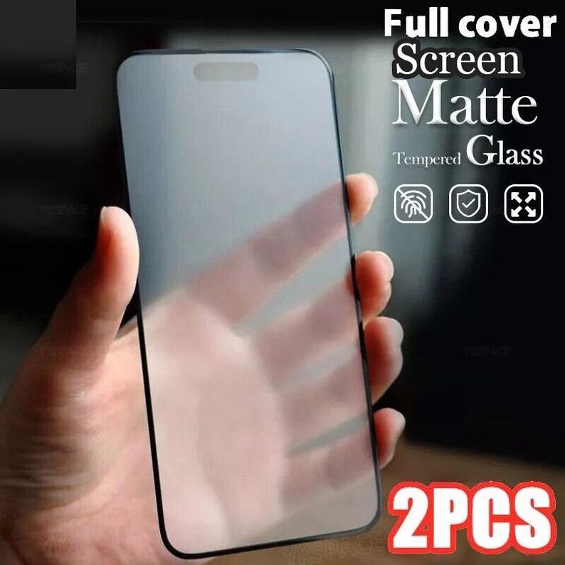 May include: Two pieces of full cover screen protector for a smartphone. The screen protector is made of tempered glass and has a matte finish. The screen protector is shown on a black smartphone.