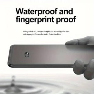 May include: A black smartphone screen protector with a water droplet on it. The text "Waterproof and fingerprint proof" is above the phone. The text "Using merck oil coating anti-fingerprint technolog, effective anti-fingerprint Screen Protector Protective Film" is below the phone.