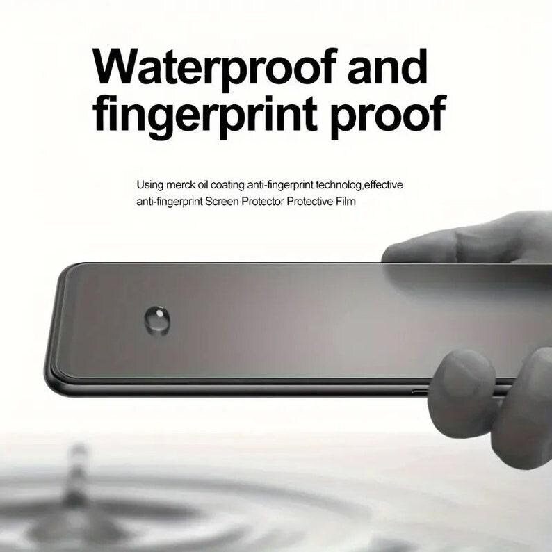 May include: A black smartphone screen protector with a water droplet on it. The text "Waterproof and fingerprint proof" is above the phone. The text "Using merck oil coating anti-fingerprint technolog, effective anti-fingerprint Screen Protector Protective Film" is below the phone.
